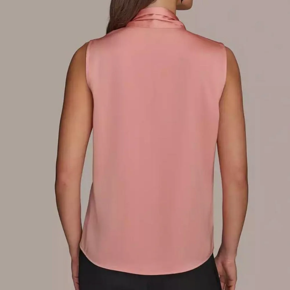 Donna Karan peach satin sleeveless tie neck detail hidden button down blouse - Picture 5 of 14